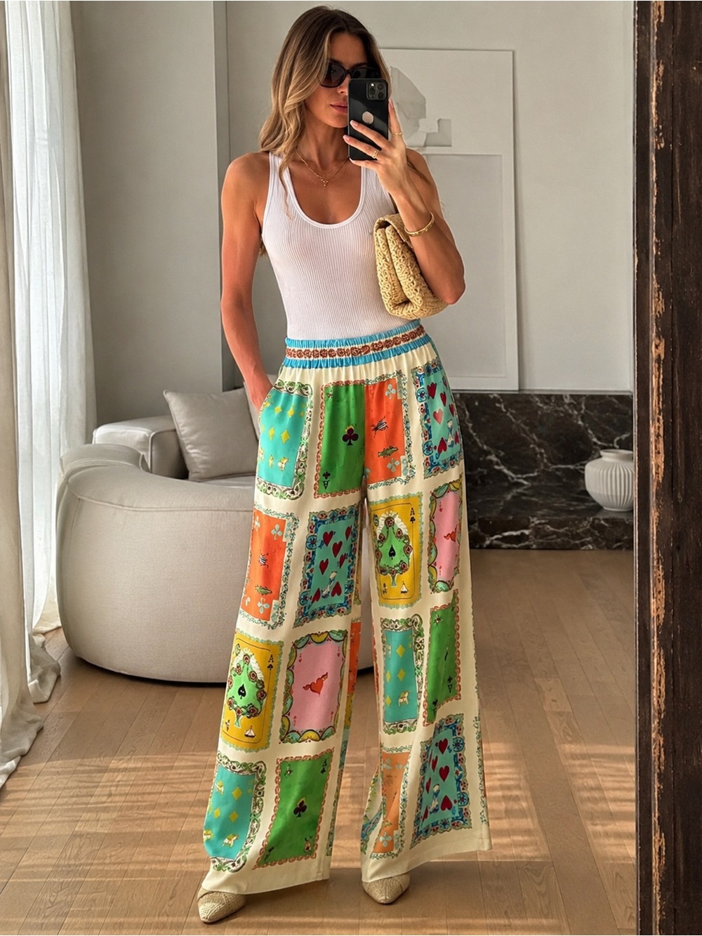 Maison D’Amelie Paris Y2K Wide Leg Playing Card Print Satin Pants S